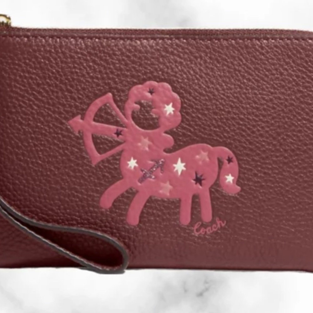NWT Coach Corner Zip Zodiac Wristlet In Canvas Leather With Sagittarius CF532